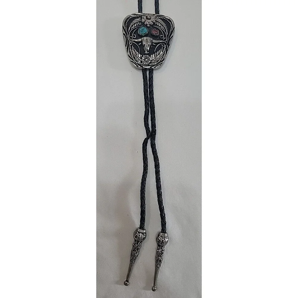 Lot of 4 Vintage SSI Western Bolo Ties USA Genuine Turquoise Coral Steer Bronco